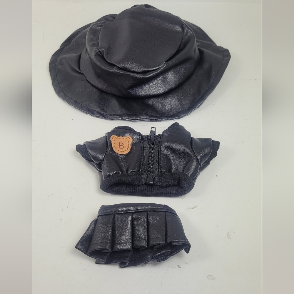 Labubu Black Pleather Pleated Skirt, Zip Up Jacket And Hat Outfit No Doll